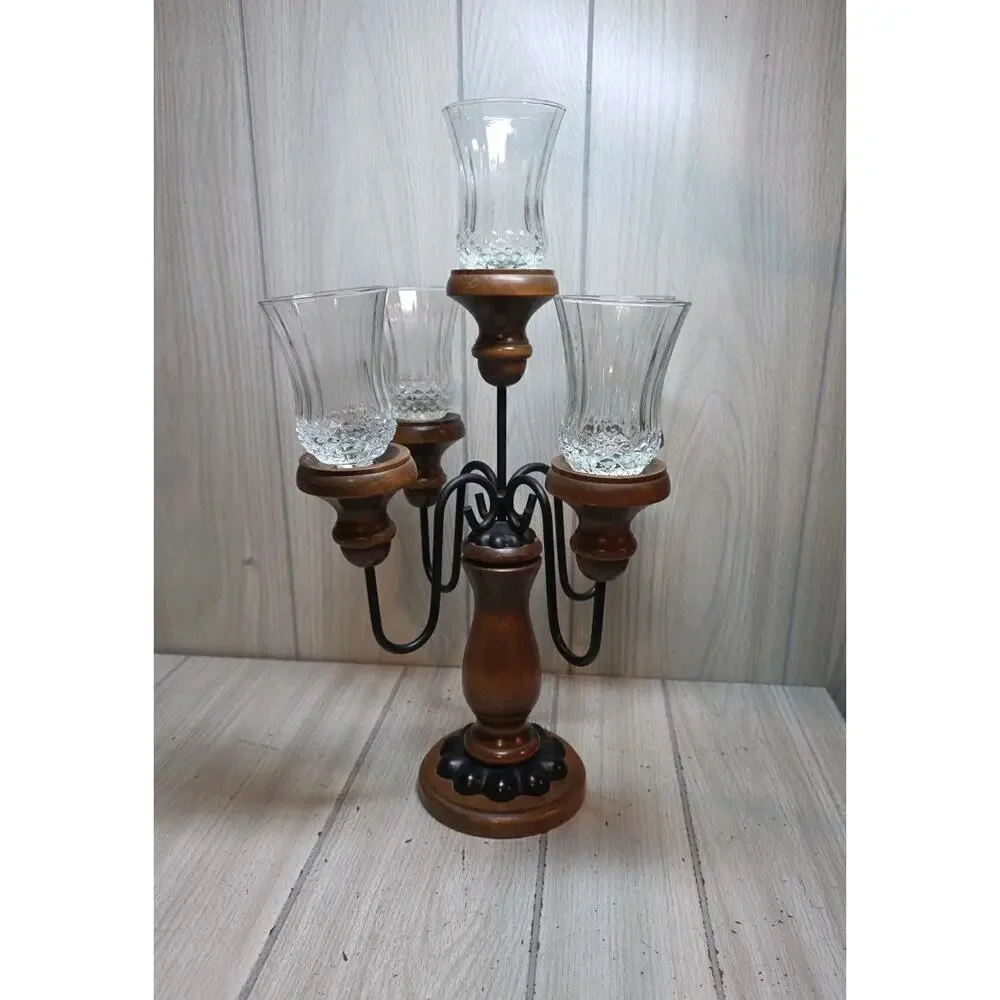 Vtg 60s/70s Wood And Wrought Iron Candelabra 5 Arm Gothic Candle Votives 19.5”